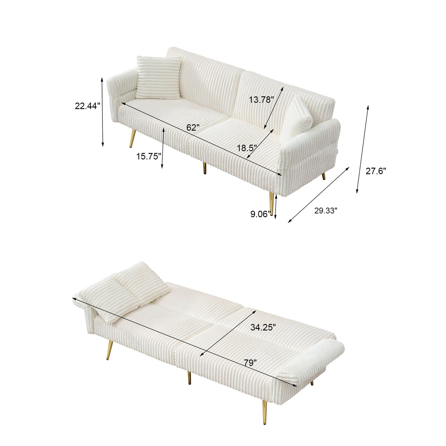 79 Corduroy Foldable Sofa Bed with 3-Position Armrests, High-Resilience Foam, and Metal Legs