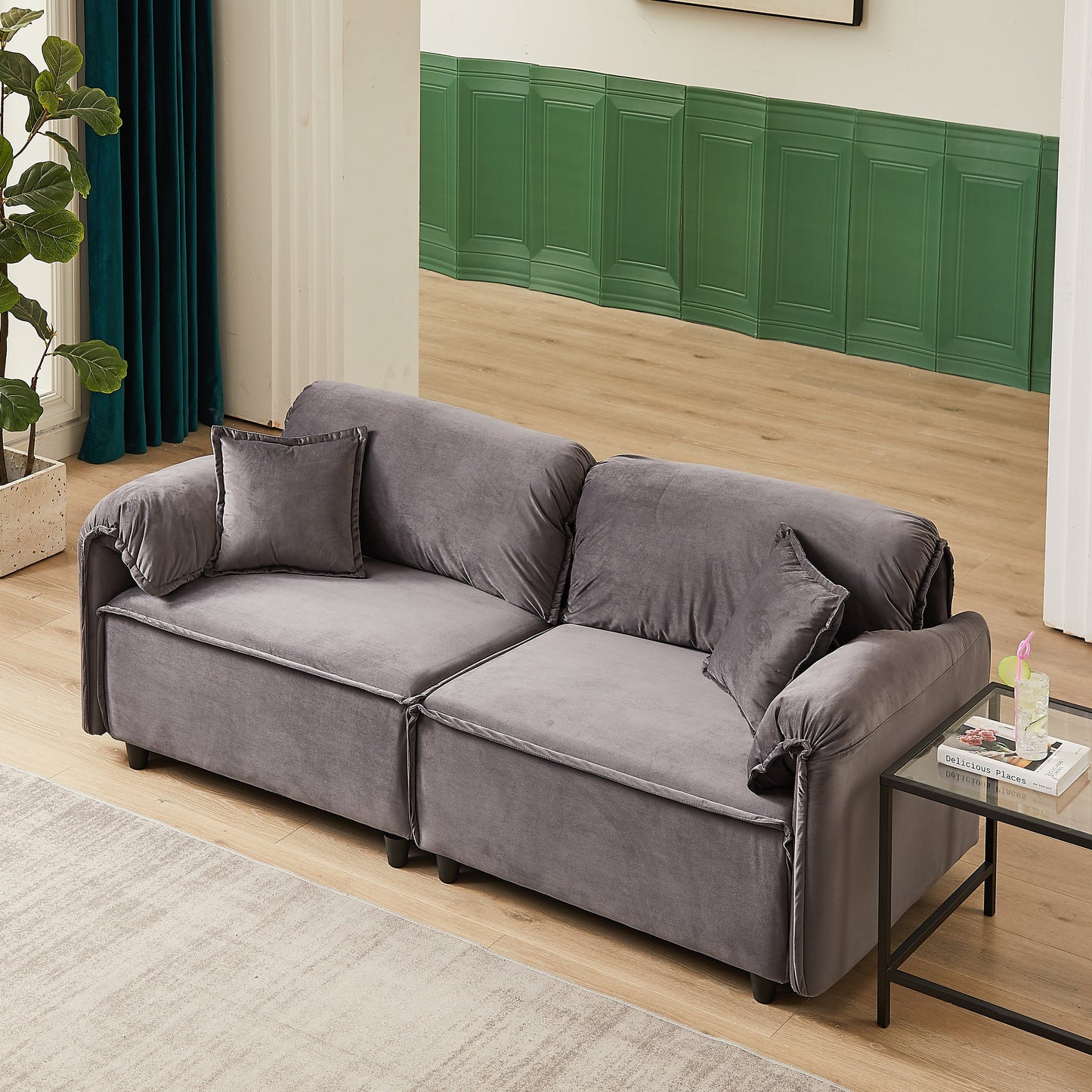 79 Velvet 3 Seater Recliner Sofa Couch with 2 Pillows, Solid Wood Frame, and Sinuous Springs
