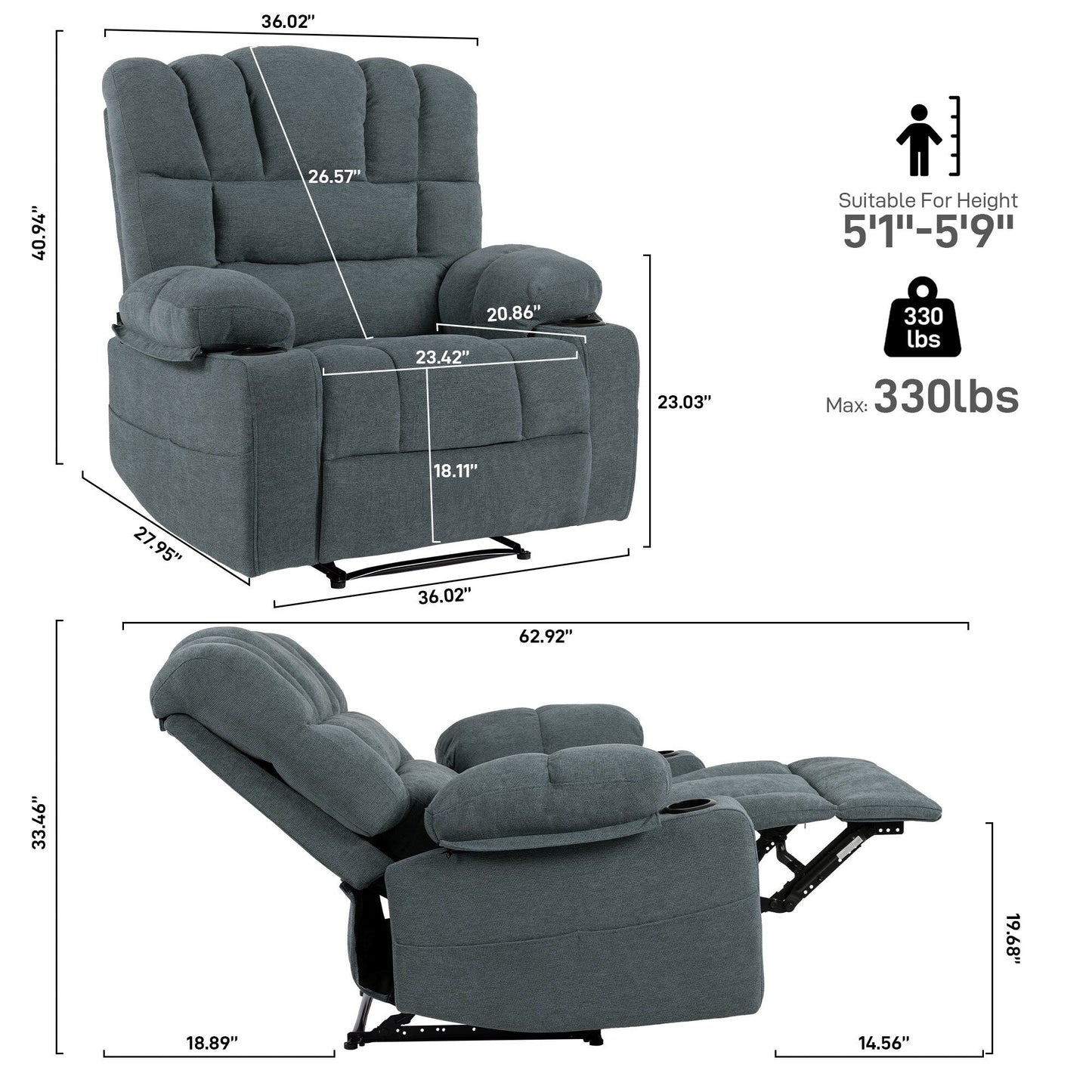 8 Point Massage Recliner Chair Sofa Heavy Duty Lounge Chair with Heating Vibration, Adjustable Backrest and Cup Holders