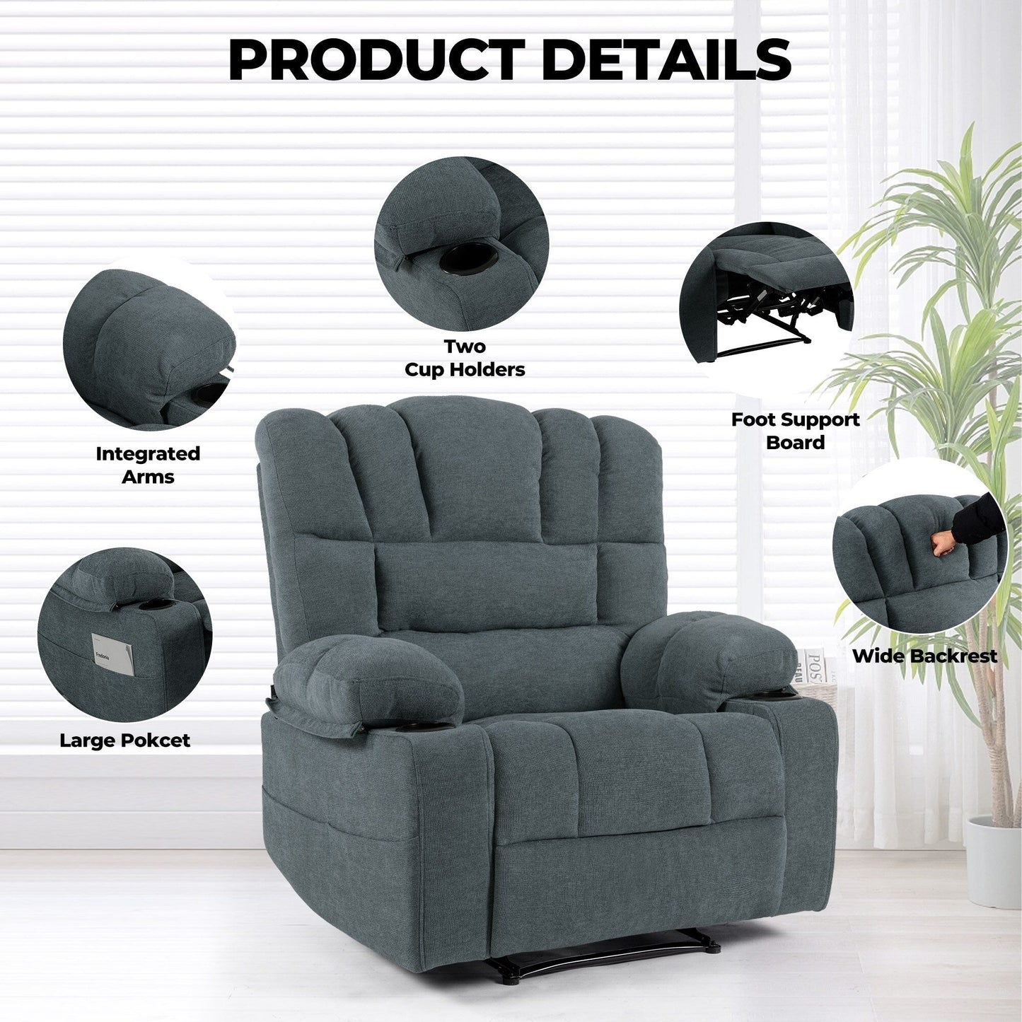 8 Point Massage Recliner Chair Sofa Heavy Duty Lounge Chair with Heating Vibration, Adjustable Backrest and Cup Holders