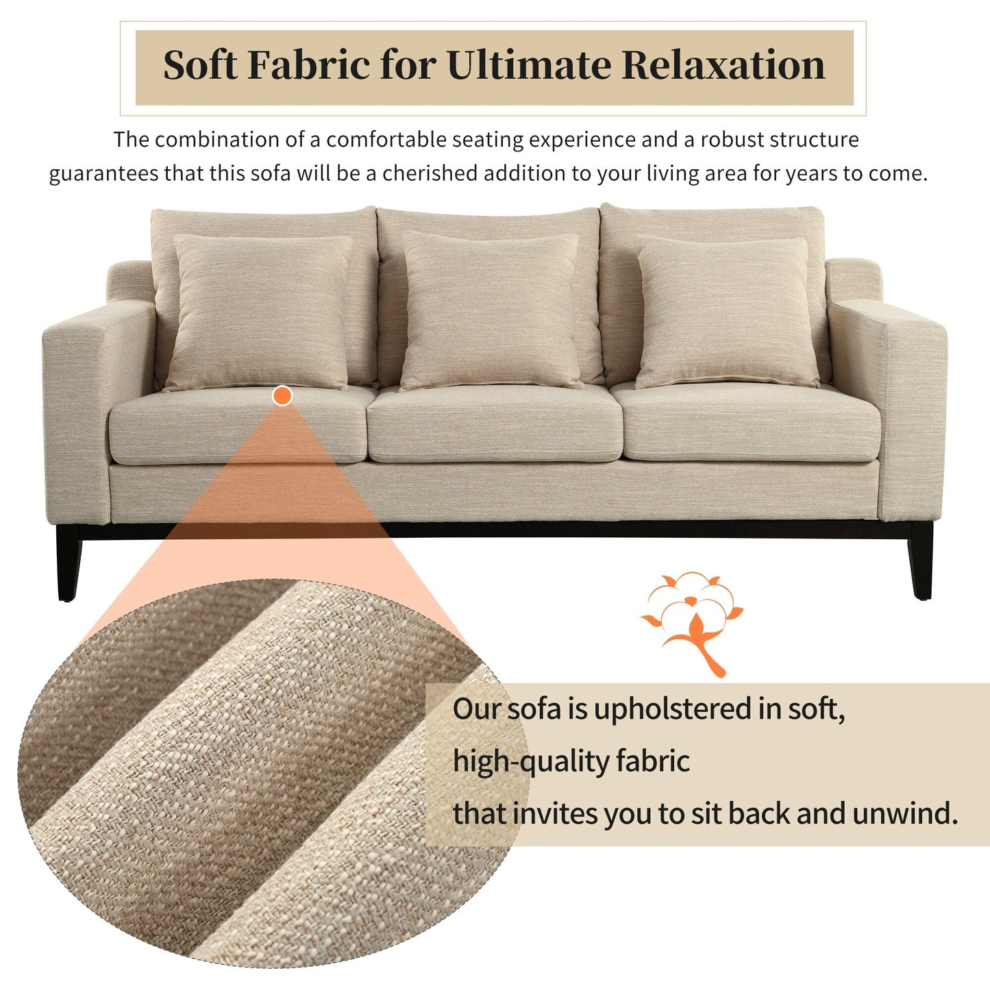 80.5 Polyester 3-Seater Sofa,Solid Wood Trim - Premium Comfort for Living Room or Study