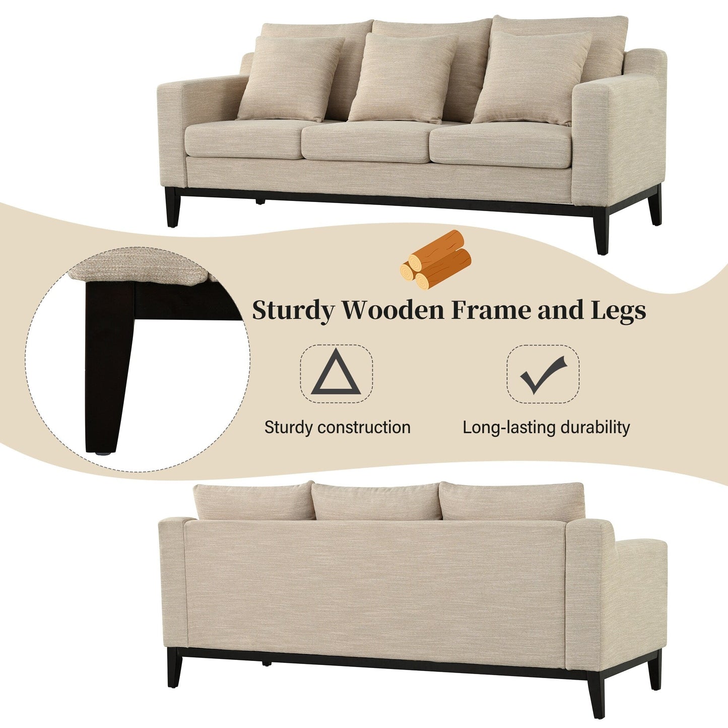 80.5 Polyester 3-Seater Sofa,Solid Wood Trim - Premium Comfort for Living Room or Study