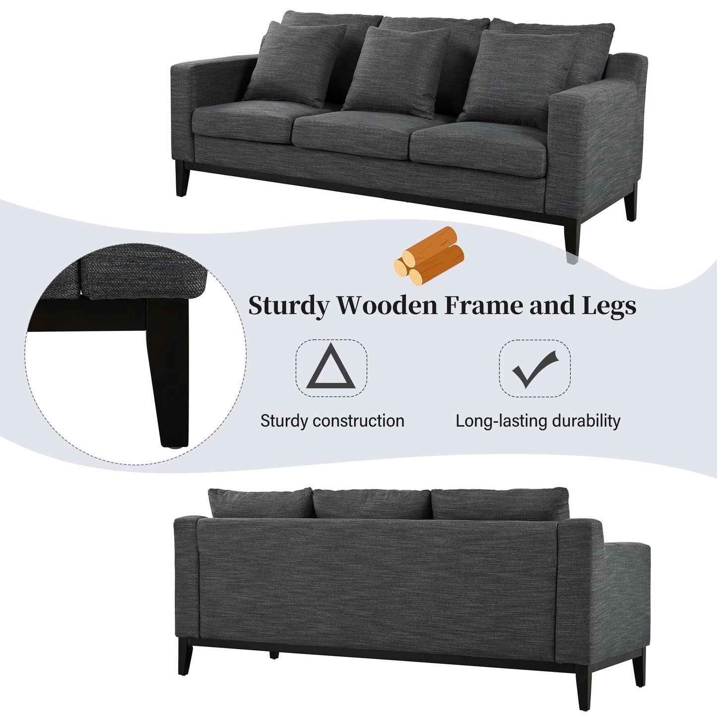 80.5 Polyester 3-Seater Sofa,Solid Wood Trim - Premium Comfort for Living Room or Study