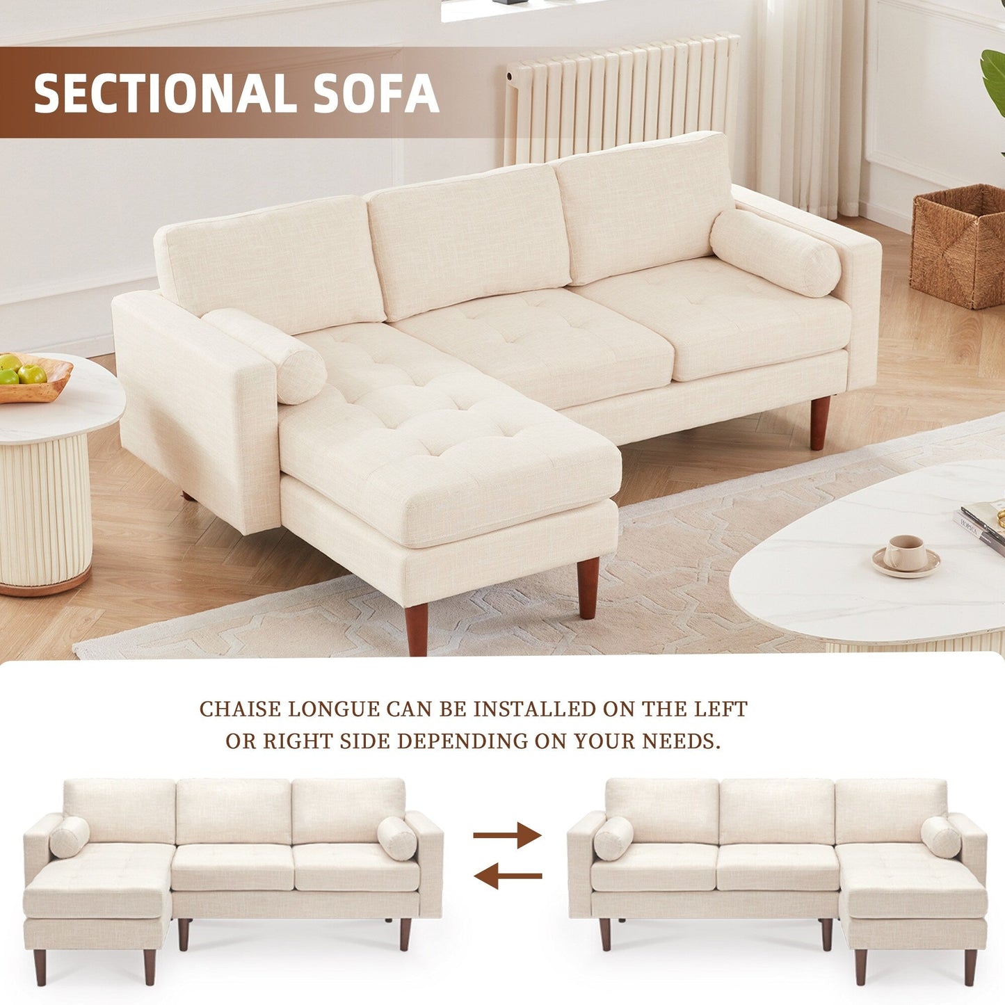 80 Linen 3 Seater L-Shaped Sectional Sofa Couch with Reversible Chaise, Tufted Seat Cushion, Sturdy Wooden Frame