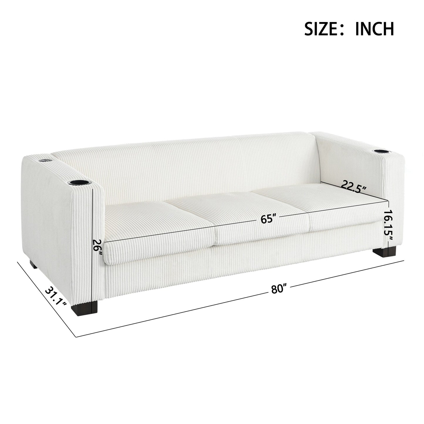 80 Solid Wood 3-Seater Sofa with 2 USB ports and two cup holders
