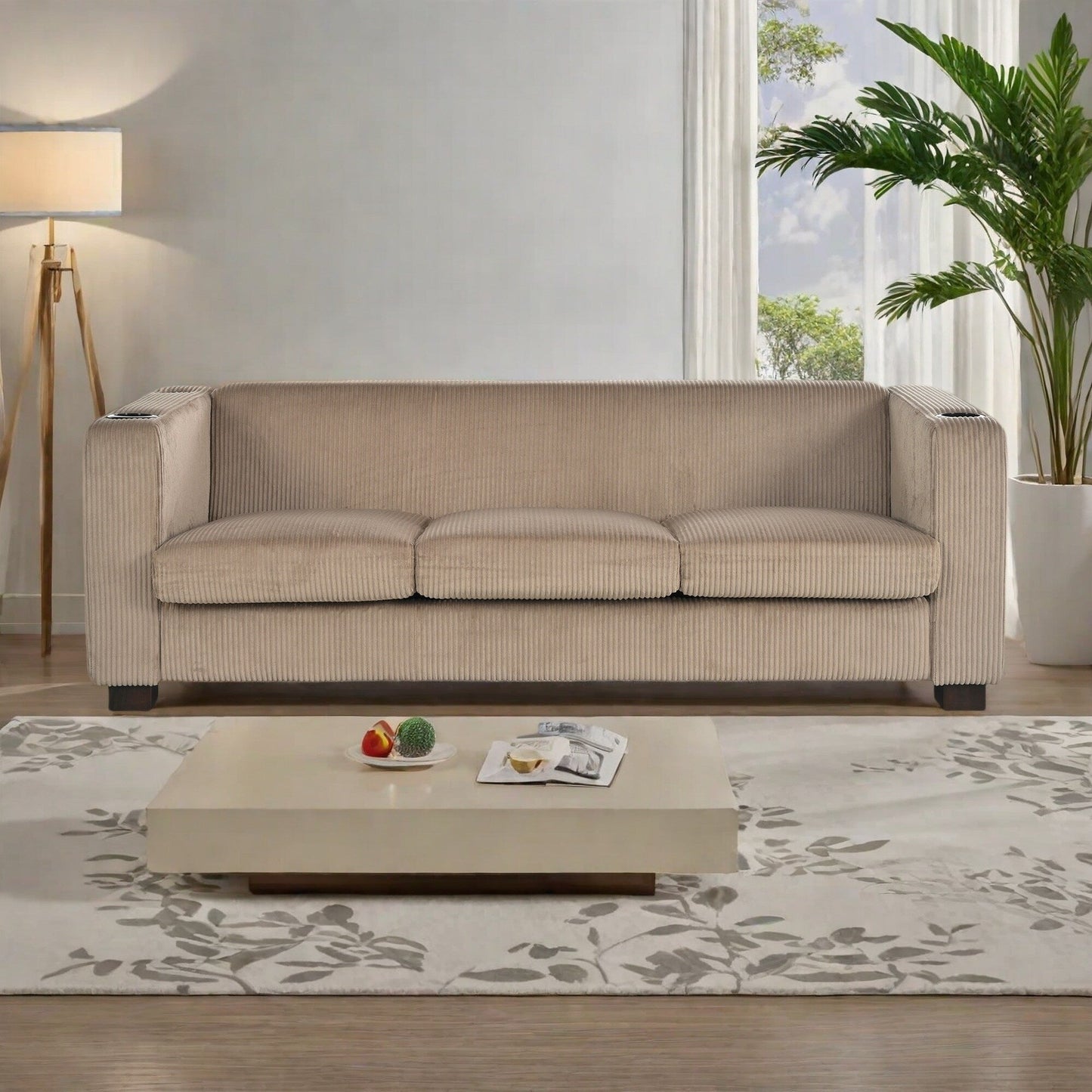 80 Solid Wood 3-Seater Sofa with 2 USB ports and two cup holders