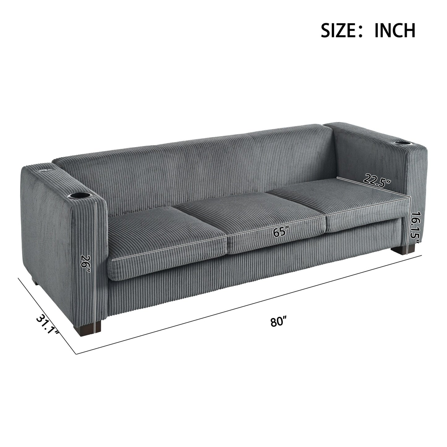 80 Solid Wood 3-Seater Sofa with 2 USB ports and two cup holders