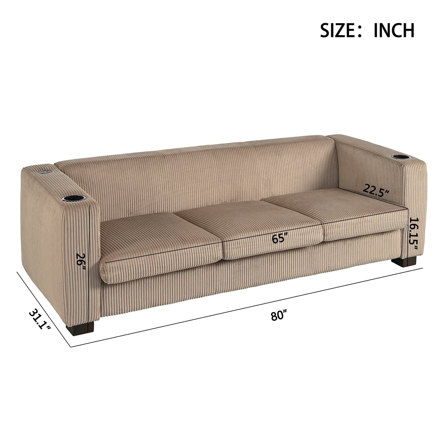 80 Solid Wood 3-Seater Sofa with 2 USB ports and two cup holders
