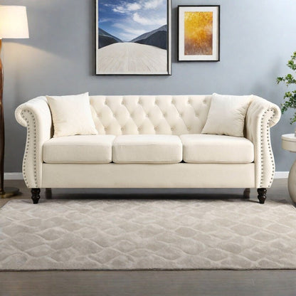 80 Velvet Chesterfield 3-Seater Sofa with Tufted Design, Nailhead Trim, and 2 Pillows