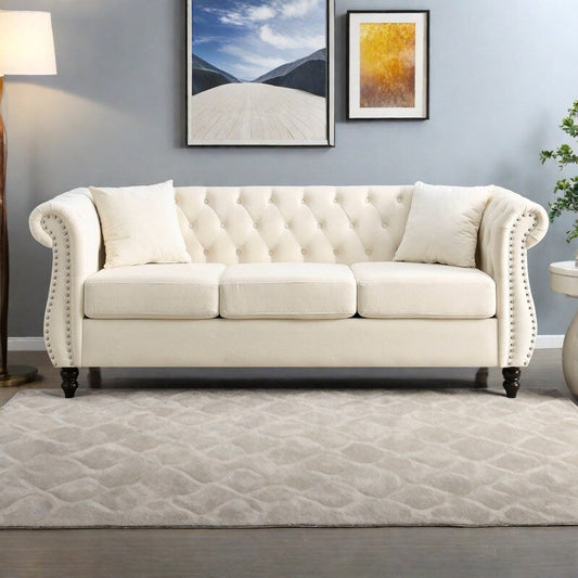 80 Velvet Chesterfield 3-Seater Sofa with Tufted Design, Nailhead Trim, and 2 Pillows