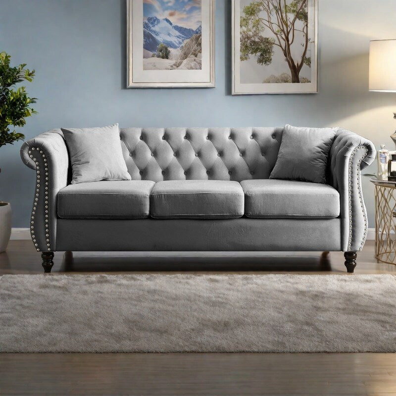 80 Velvet Chesterfield 3-Seater Sofa with Tufted Design, Nailhead Trim, and 2 Pillows