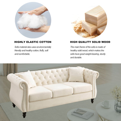 80 Velvet Chesterfield 3-Seater Sofa with Tufted Design, Nailhead Trim, and 2 Pillows