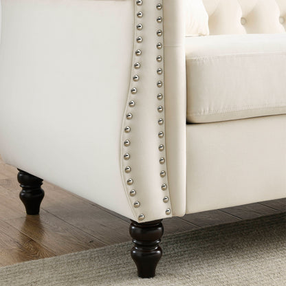 80 Velvet Chesterfield 3-Seater Sofa with Tufted Design, Nailhead Trim, and 2 Pillows