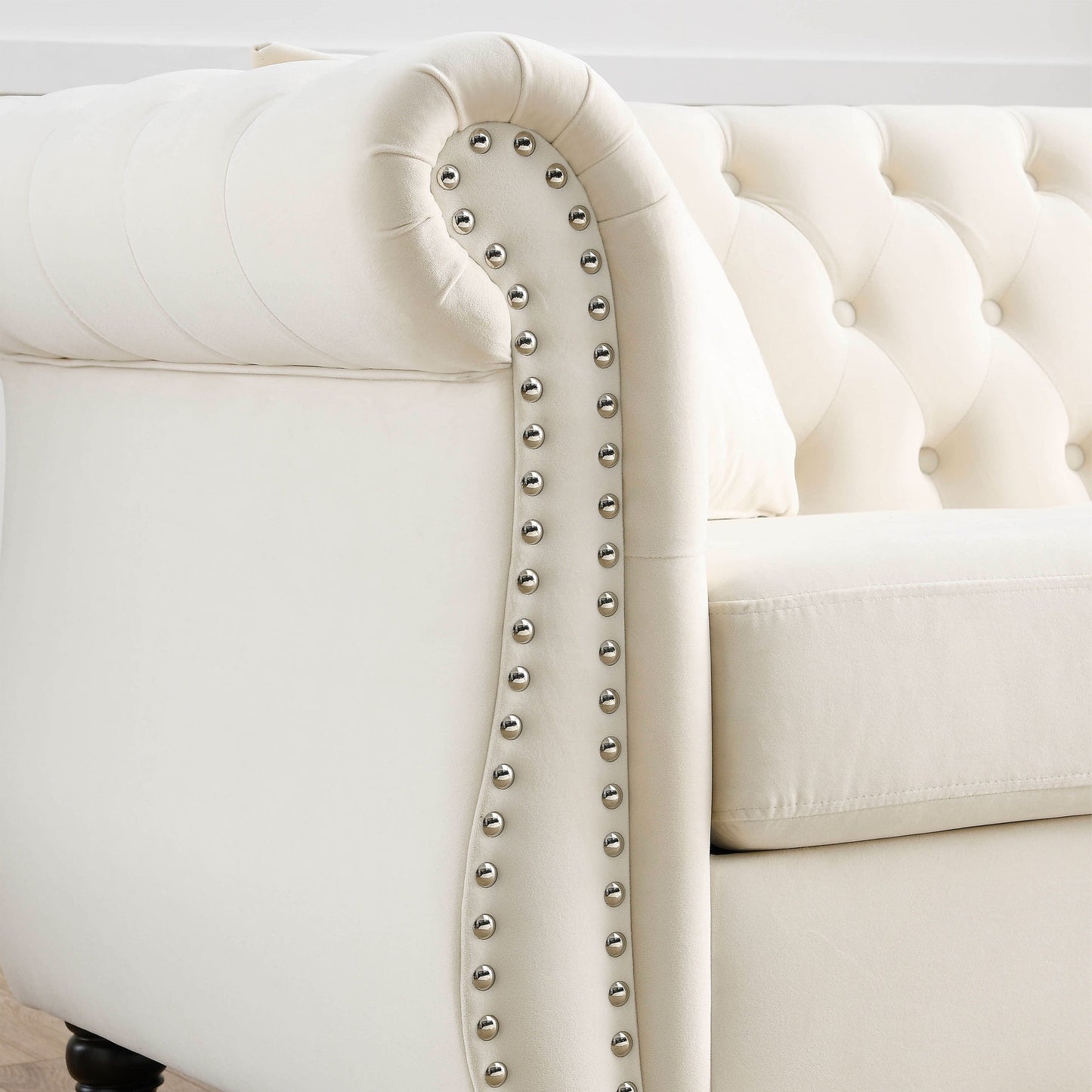 80 Velvet Chesterfield 3-Seater Sofa with Tufted Design, Nailhead Trim, and 2 Pillows