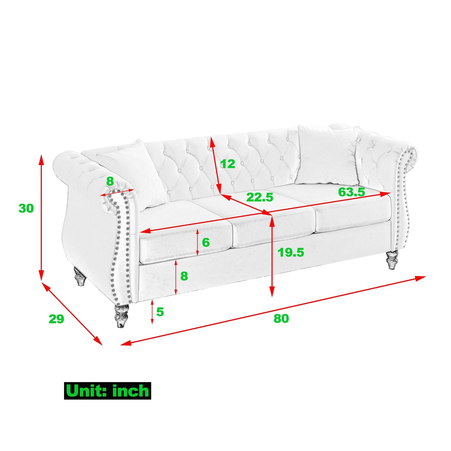 80 Velvet Chesterfield 3-Seater Sofa with Tufted Design, Nailhead Trim, and 2 Pillows