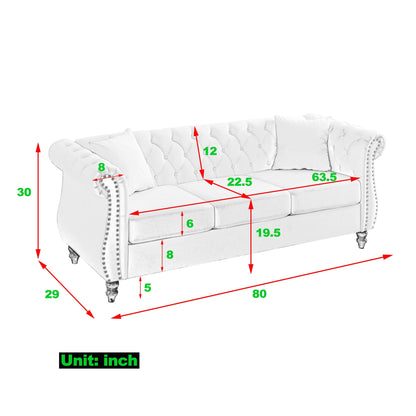 80 Velvet Chesterfield 3-Seater Sofa with Tufted Design, Nailhead Trim, and 2 Pillows