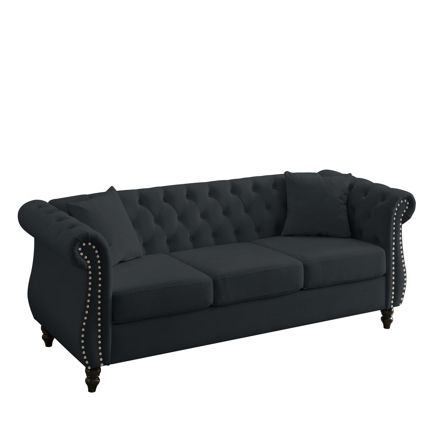 80 Velvet Chesterfield 3-Seater Sofa with Tufted Design, Nailhead Trim, and 2 Pillows