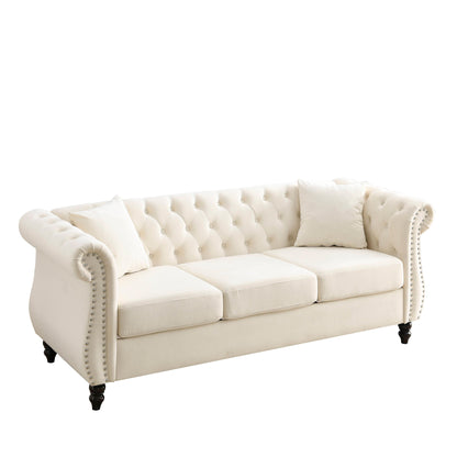 80 Velvet Chesterfield 3-Seater Sofa with Tufted Design, Nailhead Trim, and 2 Pillows