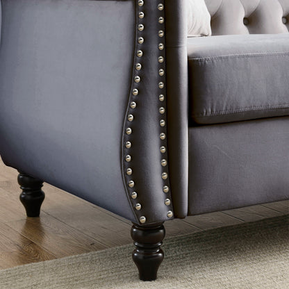 80 Velvet Chesterfield 3-Seater Sofa with Tufted Design, Nailhead Trim, and 2 Pillows