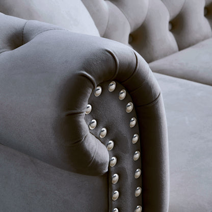 80 Velvet Chesterfield 3-Seater Sofa with Tufted Design, Nailhead Trim, and 2 Pillows
