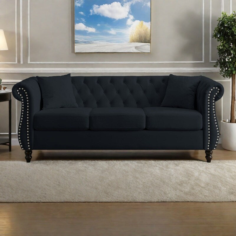 80 Velvet Chesterfield 3-Seater Sofa with Tufted Design, Nailhead Trim, and 2 Pillows