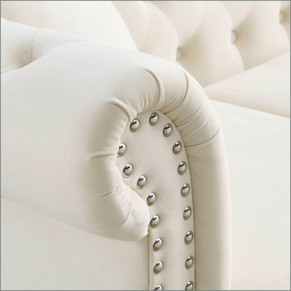 80 Velvet Chesterfield 3-Seater Sofa with Tufted Design, Nailhead Trim, and 2 Pillows