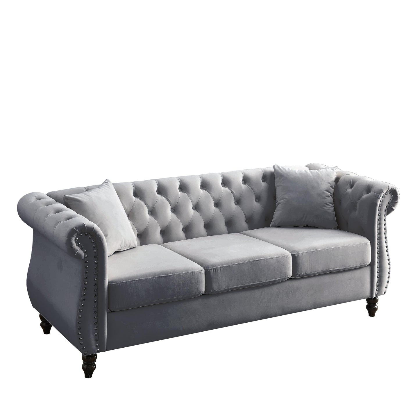 80 Velvet Chesterfield 3-Seater Sofa with Tufted Design, Nailhead Trim, and 2 Pillows