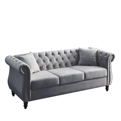 80 Velvet Chesterfield 3-Seater Sofa with Tufted Design, Nailhead Trim, and 2 Pillows