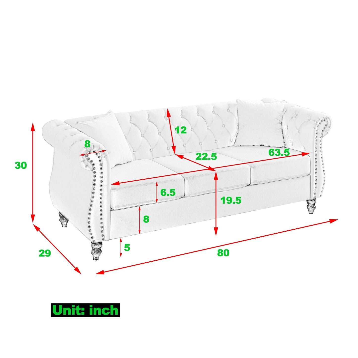 80 Velvet Chesterfield 3-Seater Sofa with Tufted Design, Nailhead Trim, and 2 Pillows
