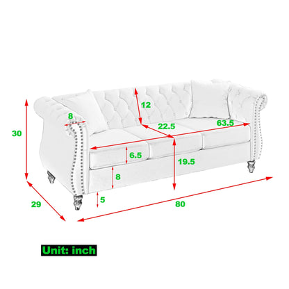 80 Velvet Chesterfield 3-Seater Sofa with Tufted Design, Nailhead Trim, and 2 Pillows