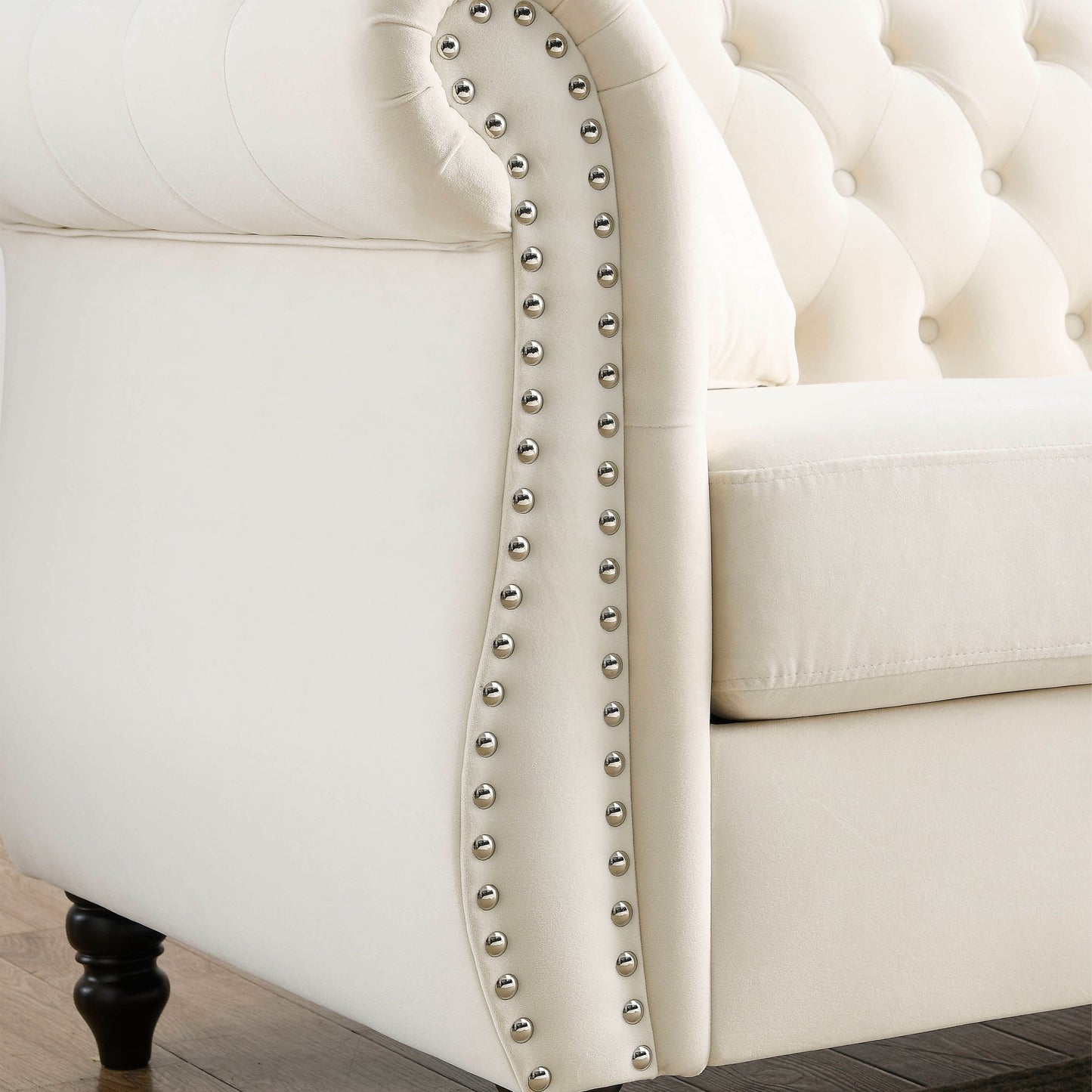 80 Velvet Chesterfield 3-Seater Sofa with Tufted Design, Nailhead Trim, and 2 Pillows