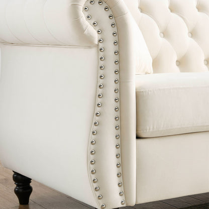 80 Velvet Chesterfield 3-Seater Sofa with Tufted Design, Nailhead Trim, and 2 Pillows