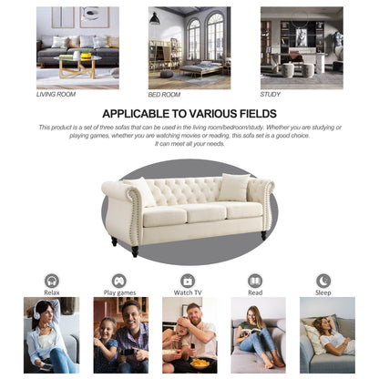 80 Velvet Chesterfield 3-Seater Sofa with Tufted Design, Nailhead Trim, and 2 Pillows