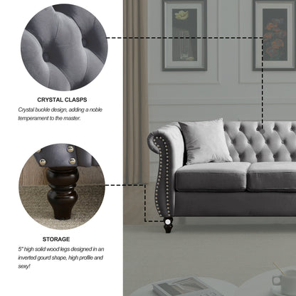 80 Velvet Chesterfield 3-Seater Sofa with Tufted Design, Nailhead Trim, and 2 Pillows