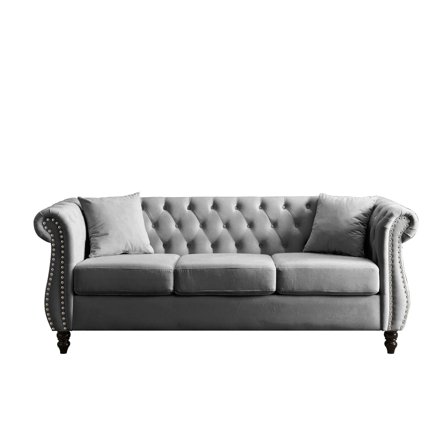 80 Velvet Chesterfield 3-Seater Sofa with Tufted Design, Nailhead Trim, and 2 Pillows