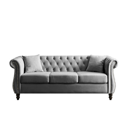80 Velvet Chesterfield 3-Seater Sofa with Tufted Design, Nailhead Trim, and 2 Pillows