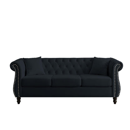 80 Velvet Chesterfield 3-Seater Sofa with Tufted Design, Nailhead Trim, and 2 Pillows