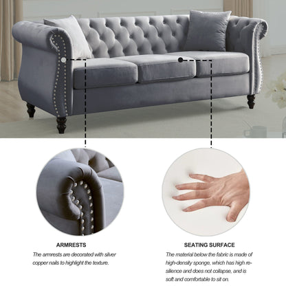 80 Velvet Chesterfield 3-Seater Sofa with Tufted Design, Nailhead Trim, and 2 Pillows