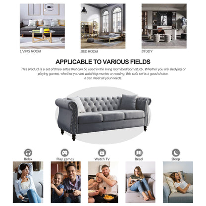80 Velvet Chesterfield 3-Seater Sofa with Tufted Design, Nailhead Trim, and 2 Pillows