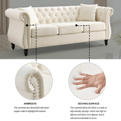80 Velvet Chesterfield 3-Seater Sofa with Tufted Design, Nailhead Trim, and 2 Pillows