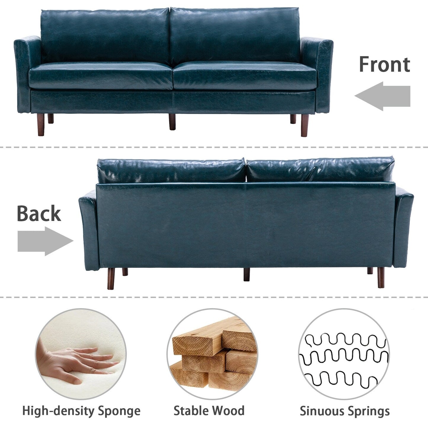80'' Faux Leather 3 Seater Sofa Couch, with Wooden Frame, Padded Cushions and Removable Backrest