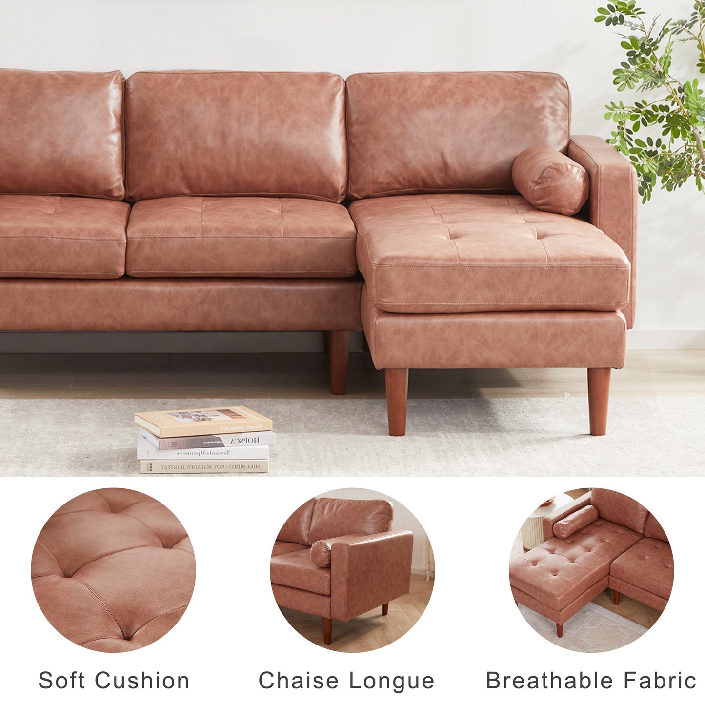 80'' L-Shaped Fabric Sectional Sofa, 3-Seater with Tufted Cushions, Mid-Century Design, and Reversible Chaise