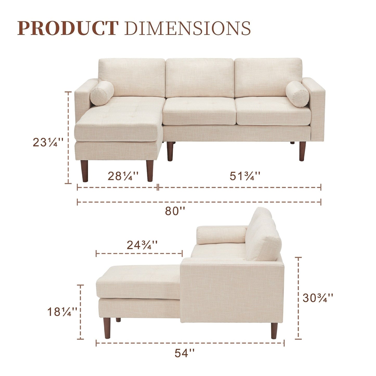 80'' Linen 3-Seater L-Shaped Sectional Couch with Reversible Chaise and Sturdy Wooden Frame