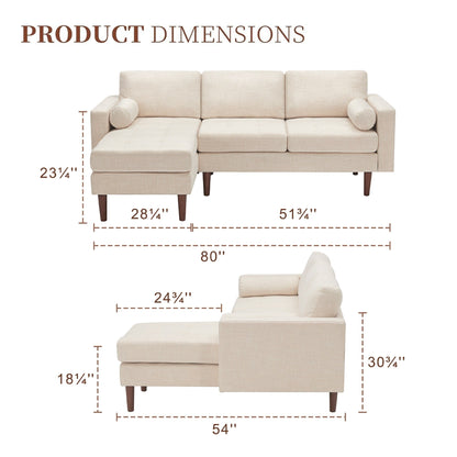 80'' Linen 3-Seater L-Shaped Sectional Couch with Reversible Chaise and Sturdy Wooden Frame