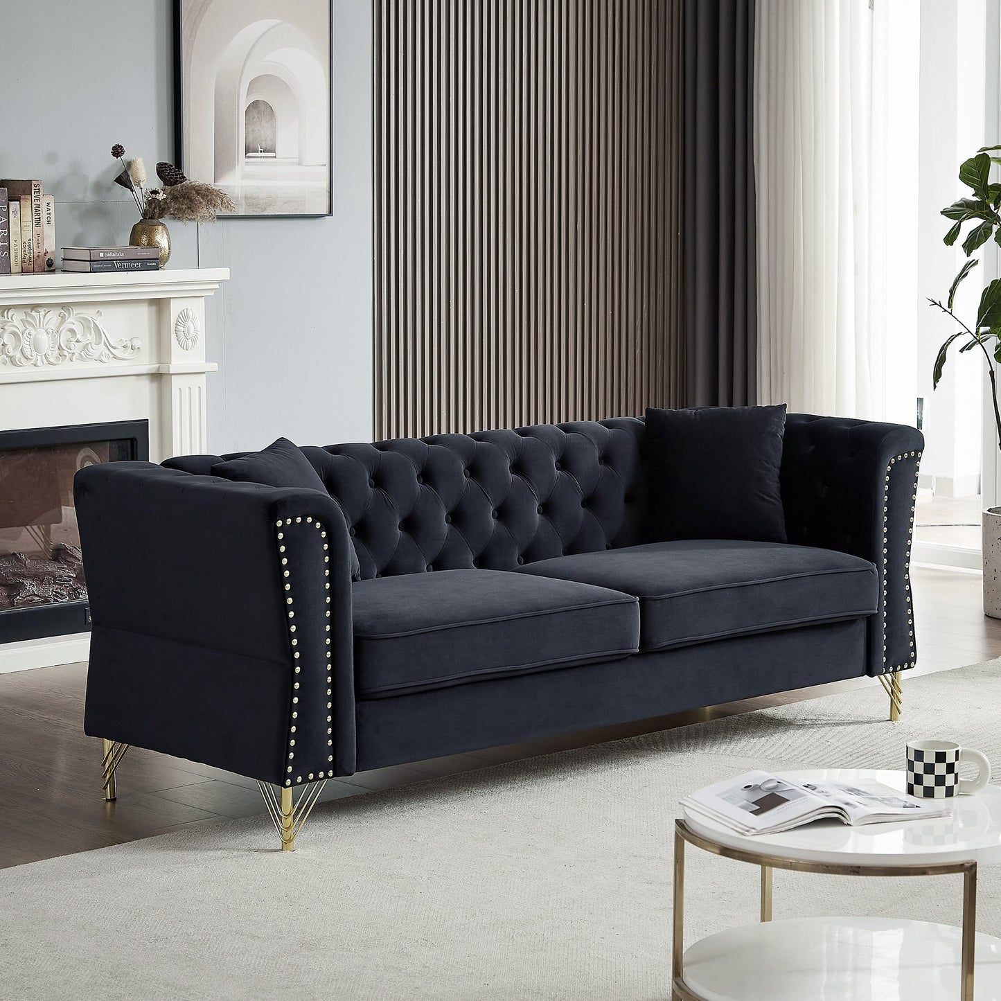 81.8 Velvet 3-seater Sofa with Tufted Couch and Metal Foot for Living Room