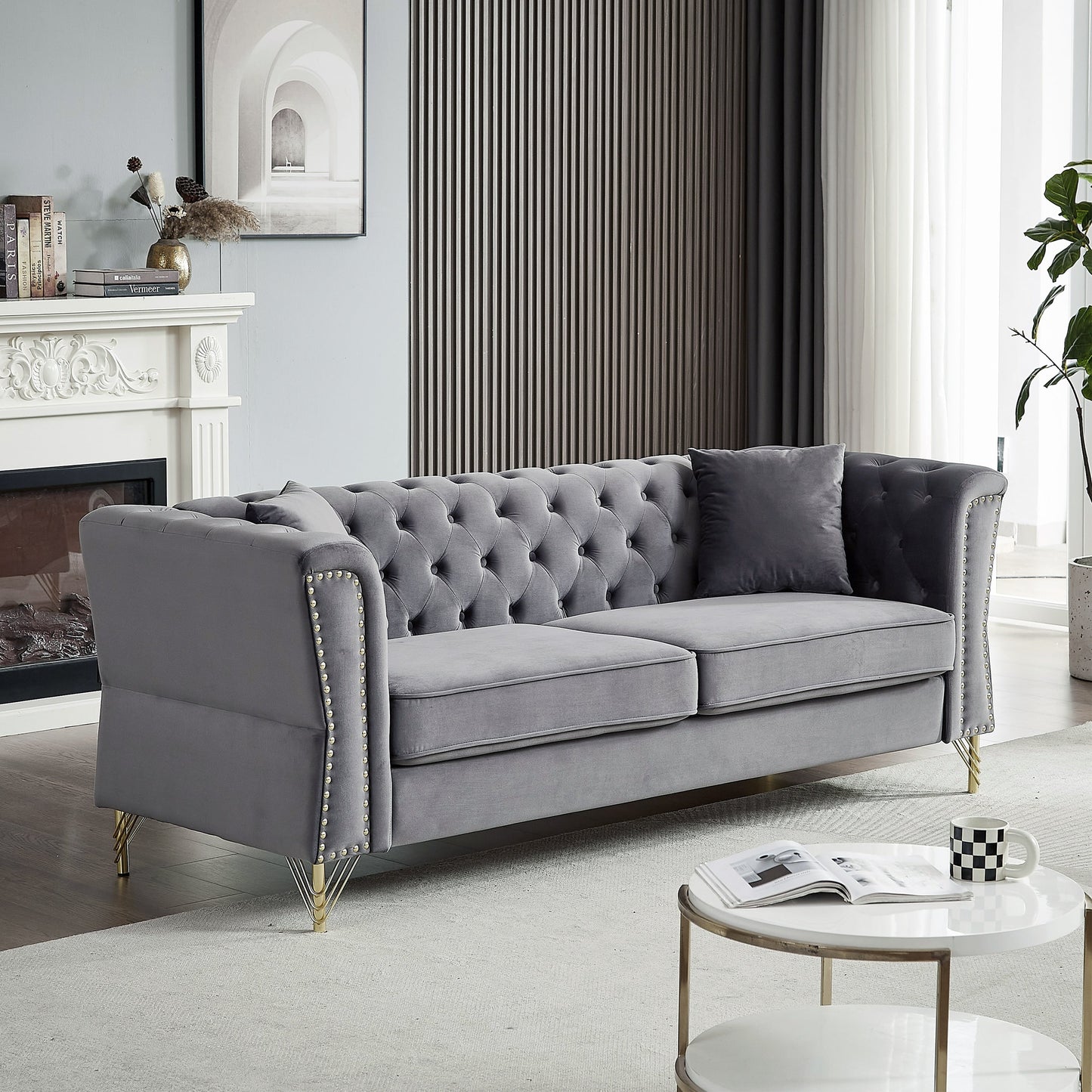 81.8 Velvet 3-seater Sofa with Tufted Couch and Metal Foot for Living Room