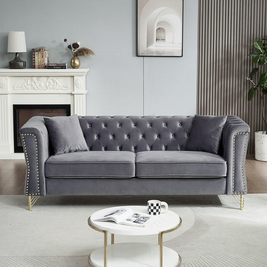 81.8'' Velvet 3-Seater Sofa with Nailhead Trim, 2 Pillows, and Metal Feet, Supported by a Solid Wood Frame
