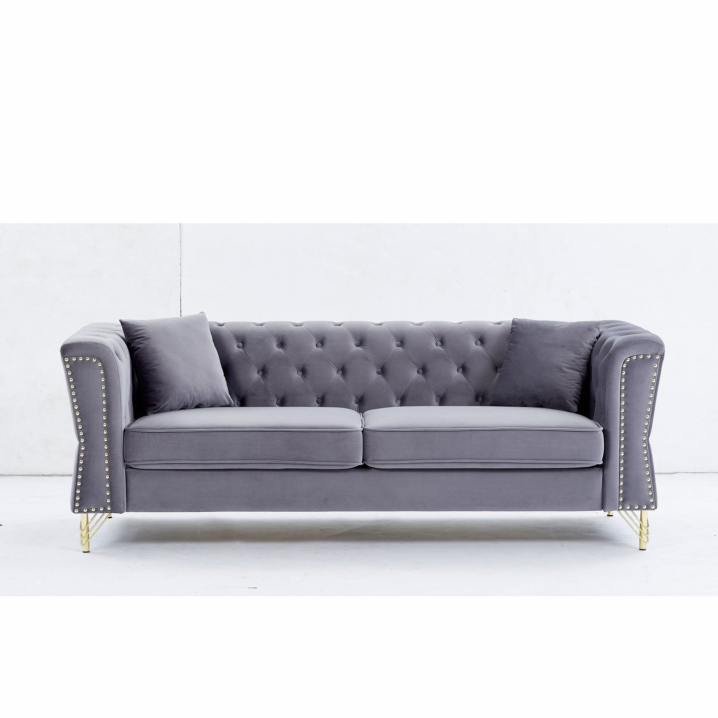 81.8'' Velvet 3-Seater Sofa with Nailhead Trim, 2 Pillows, and Metal Feet, Supported by a Solid Wood Frame