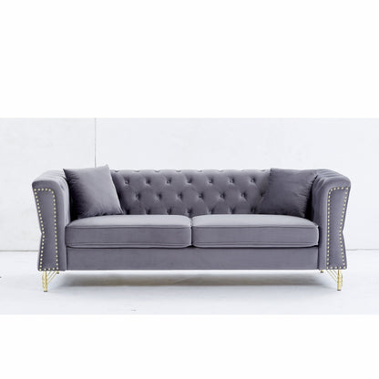 81.8'' Velvet 3-Seater Sofa with Nailhead Trim, 2 Pillows, and Metal Feet, Supported by a Solid Wood Frame