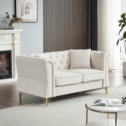 81.8'' Velvet 3-Seater Sofa with Nailhead Trim, 2 Pillows, and Metal Feet, Supported by a Solid Wood Frame